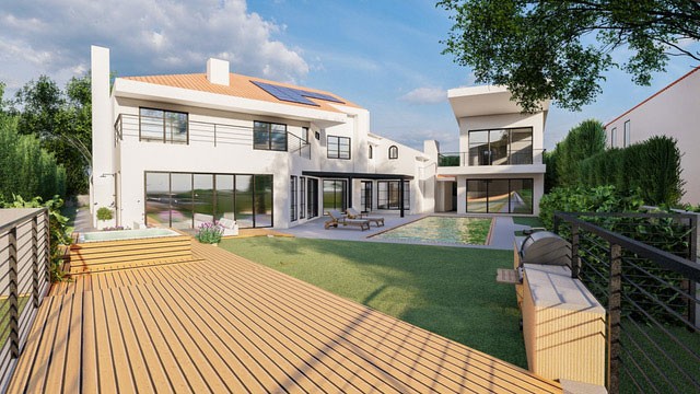 Monte Hermoso view of backyard and back of house from corner of deck